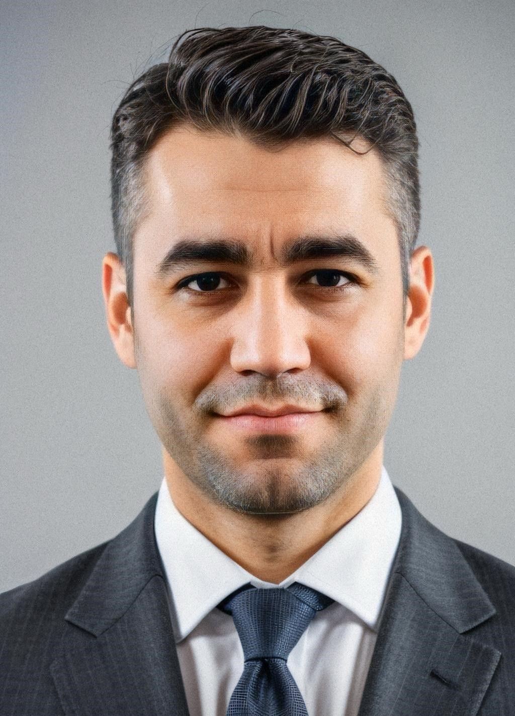 Portrait of a man in a suit and tie with a slight smile on a neutral background.