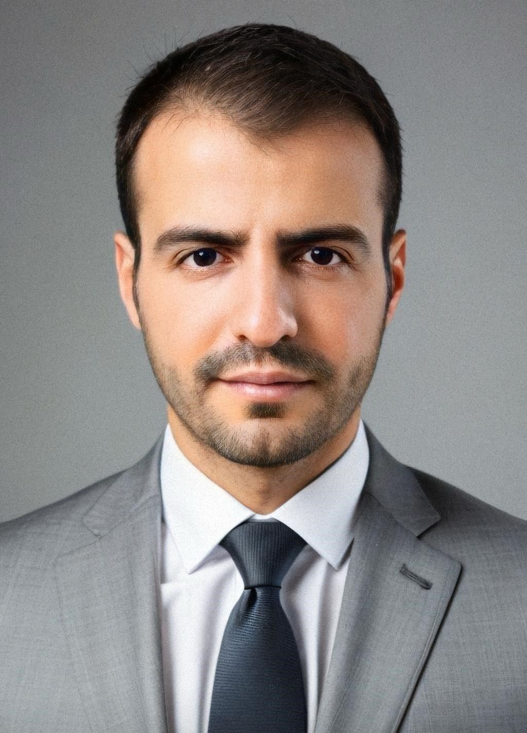 Person wearing a gray suit, white shirt, and dark tie against a plain background.