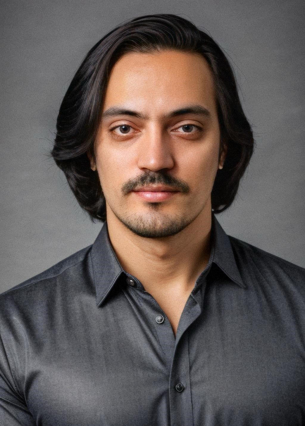 Person with long, dark hair wearing a charcoal gray button-up shirt against a neutral background.