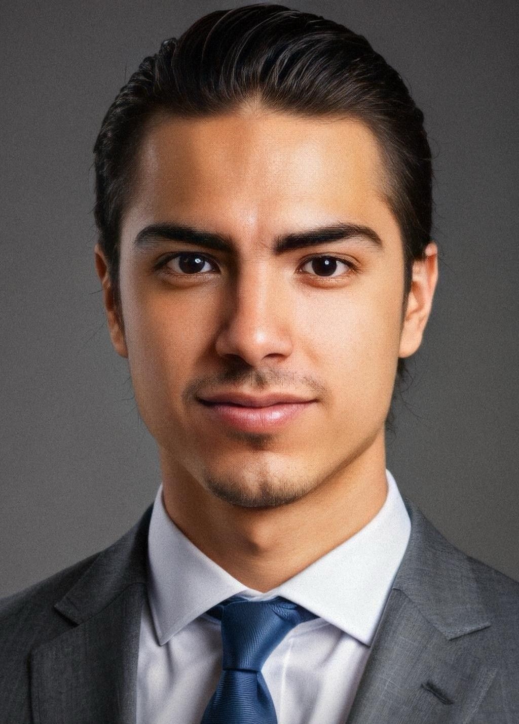 Person wearing a gray suit, white shirt, and blue tie, shown from the shoulders up.