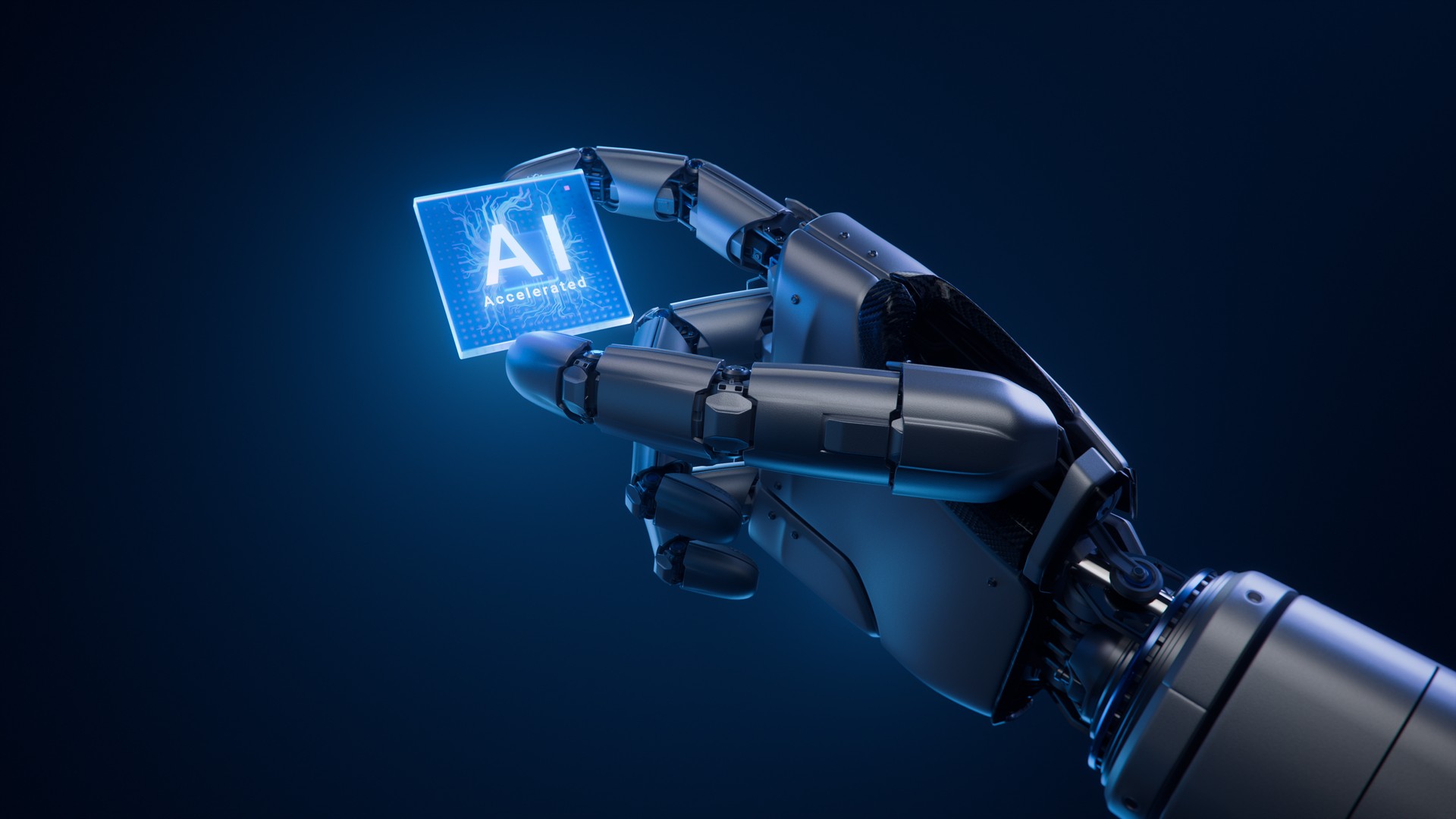 Metal Hand of Humanoid Robot is Holding at its Fingertips Innovative and Advanced AI Accelerated Chip. Humanoid Robot Hand with Glowing Futuristic Processor. Artificial Intelligence Microchip